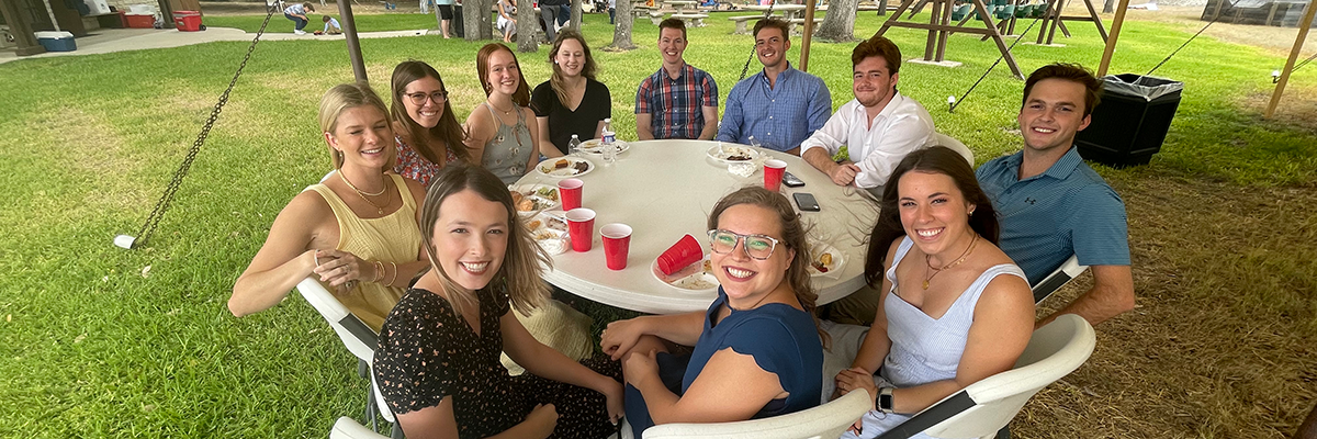 The congregation gathered under a tent for the annual meeting